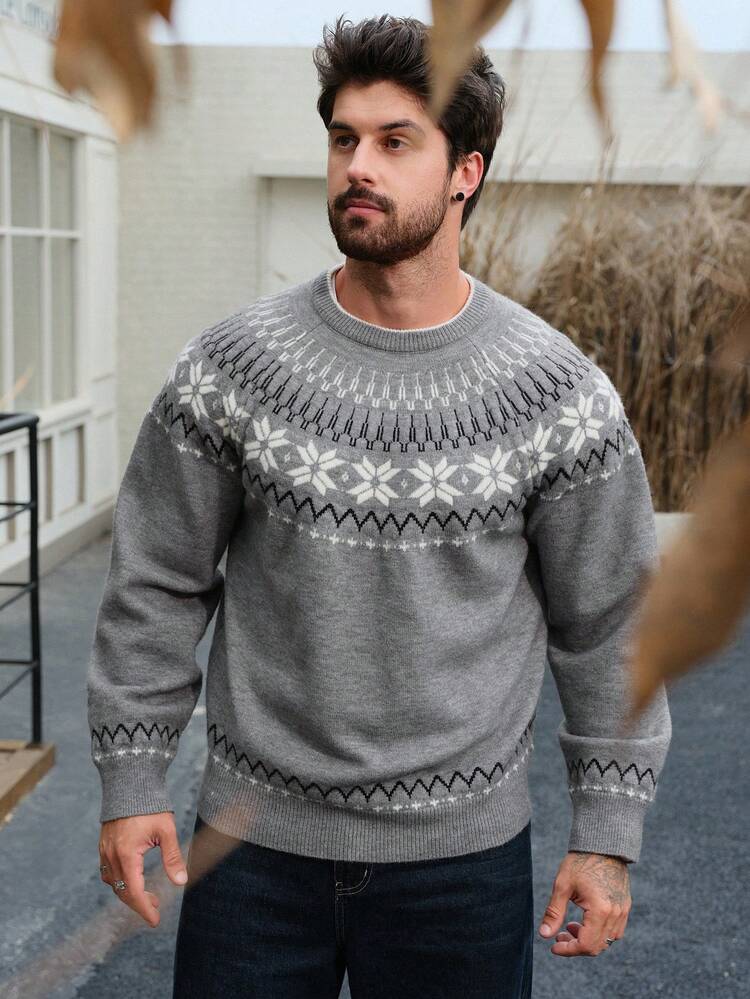 Men's Vintage Pattern Jacquard Thick Crew Neck Sweater, Autumn/Winter