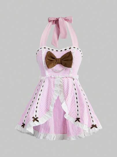 ROMWE Kawaii 可爱爱心系领蕾丝拼接娃娃连衣裙格子蝴蝶结装饰女式吊带衫