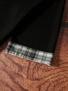 TOKVUE 秋季宽松男士格子袖口 T 恤 - 黑色 - 查看 5