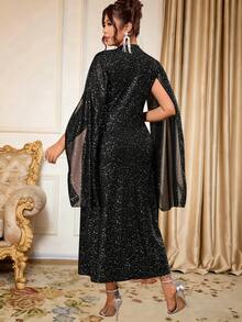 Allurite Plus Size Solid Color Mesh Patchwork Fitted Elegant Dress - Black - View 2