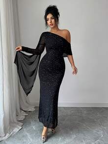 Rafferiza Women's Solid Color Asymmetric Ruffle Design Long Sleeve Sequin Embellished Fitted Elegant Dress - Black - View 6
