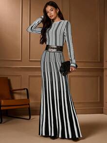 Lilora Váy dệt kim dài tay kẻ sọc thanh lịch dành cho nữ, Thu/Đông - Nhiều màu - Xem 6