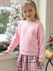 SHEIN Young Girl Casual Commuting School Style Plaid Hem 2 In 1 Sweatshirt Dress, Autumn/Spring - Pink - View 3