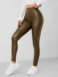 SHEIN PETITE Quần legging co giãn cao bằng da PU dành cho nữ - Cà phê nâu - Xem 4