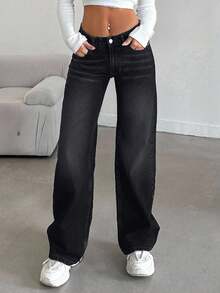 EURMUSE 100%纯棉女士低腰阔腿牛仔裤，带口袋 - 黑色 - 查看 3