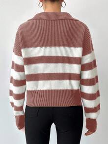 EURMUSE Striped Pattern Drop Shoulder Sweater - Rusty Rose - View 2