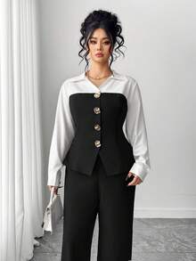 SHEIN Elenzya Plus Size Elegant Commuter Color Block Shirt & Pants 2 Pieces Set - Multicolor - View 7