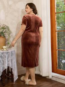 Côtesoire Camisón de manga corta con cintura ceñida, cuello cuadrado de encaje y terciopelo, talla grande, para otoño/invierno - Marrón - Ver 2