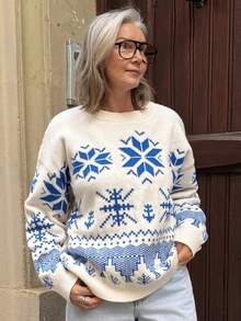 Vivie Lora Women's Loose Fit Crew Neck Christmas Snowflake All-Over Print Sweater, Blue - Blue - View 1