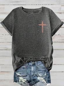 EMERY ROSE Regular Women's "Faith" Printed Crew Neck Short-Sleeved T-Shirt, Summer Graphic T-Shirt For Women. - Grey - View 3