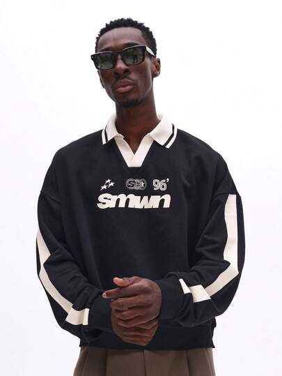 SUMWON Casual Box Fit Long Sleeve Polo Shirt With Star Logo Print And Contrast Stripe Details