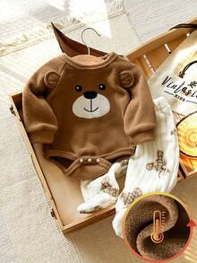 SHEIN 2pcs Baby Boy Cute Bear Print Fleece Long Sleeve Romper And Pants Comfortable Pajama Set