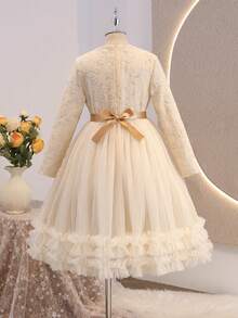 女童奢华阿巴雅长袍，杏色珠饰网纱长袖长袍，优雅闪亮设计，适合派对、庆典、拍照、春秋季等场合。 - 杏色 - 查看 2