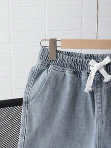 SHEIN 青少年男童时尚休闲复古Y2K基础款简约混搭宽松弹力橡皮筋抽绳腰设计舒适直筒牛仔裤，适合儿童日常穿着及春夏服装 - 藍色 - 查看 3