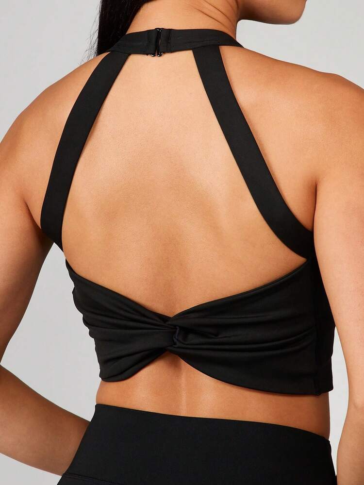 MISSGUIDED Black Halter Top V-Neck Sweetheart Crop Top With Back Cross Details Sports Bra Style Top