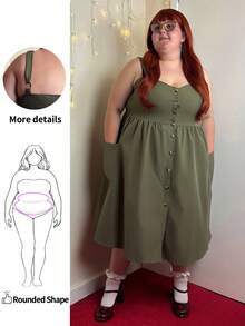 Enliva Abidrinkell Plus Size Summer Casual Solid Color Front Button Pocket Strap Dress, For Apple Rounded Body Shape - Army Green - View 1