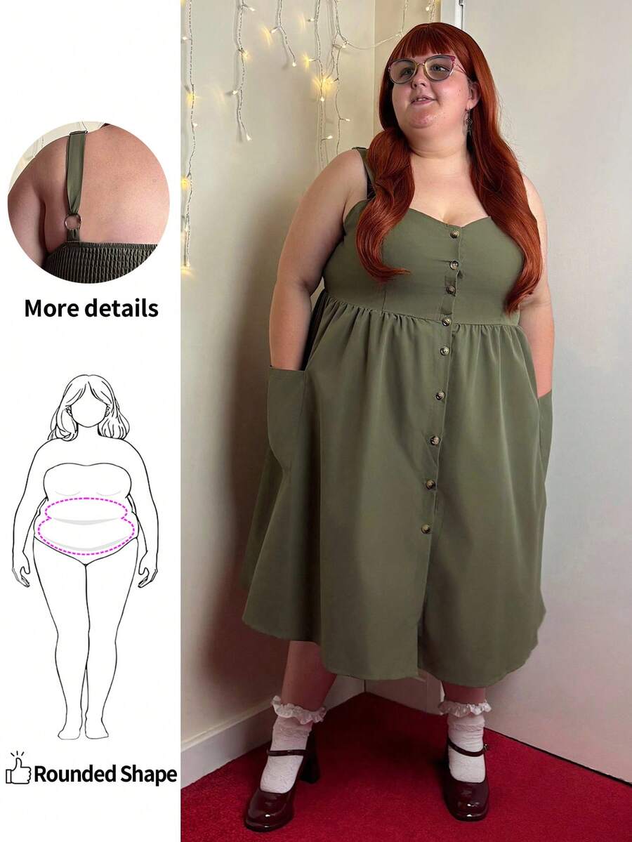 Enliva Abidrinkell Plus Size Summer Casual Solid Color Front Button Pocket Strap Dress, For Apple Rounded Body Shape - Army Green - View 1
