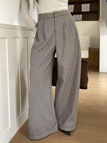 DAZY Women's High Waist Herringbone Pleated Wide Leg Loose Casual Pants - Khaki - View 1