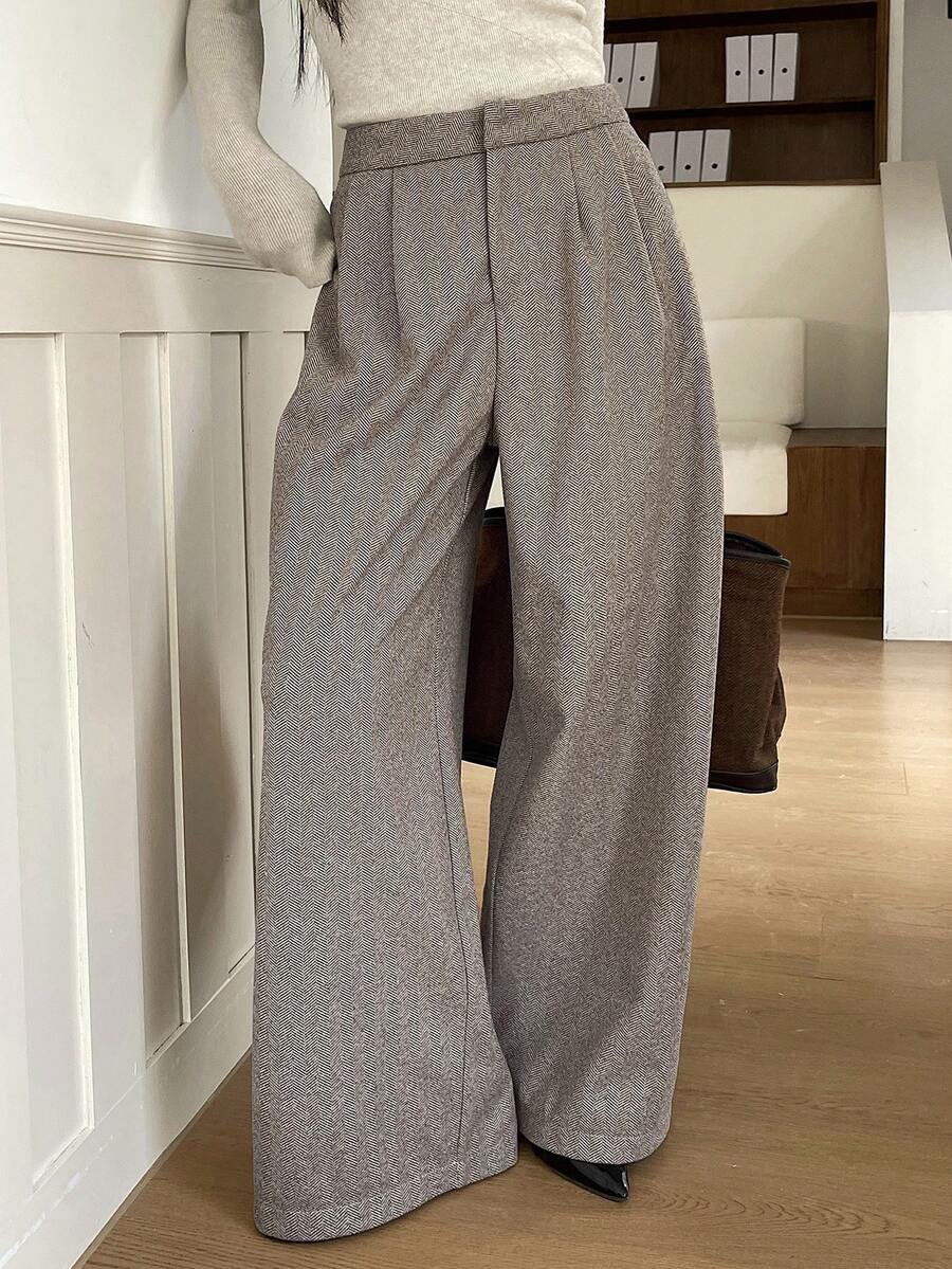 DAZY Women's High Waist Herringbone Pleated Wide Leg Loose Casual Pants - Khaki - View 1
