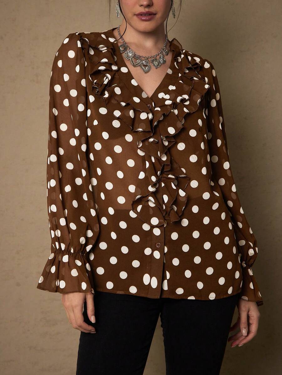 SHEIN LUNE 大码春季休闲女装夏季度假棕白波点蕾丝领夏季宽袖长袖情人节ID AI-Adha多种穿法可作防晒上衣假日 - 咖啡棕 - 查看 1