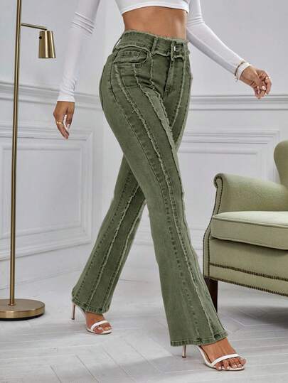 Selenza Casual Washed Frayed Hem Slim Flare Leg Jeans Green Pants For Women Olive Green Pants Army Green Pants Green Jeans