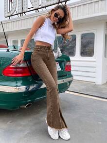 EMERY ROSE 修身喇叭裤休闲百搭纽扣口袋女式牛仔裤 - 咖啡棕 - 查看 4