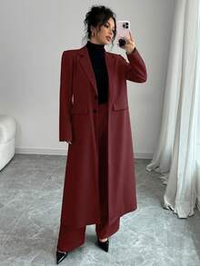 Elenzga 女士深灰色翻领肩长款西装裤 - 酒紅色 - 查看 5
