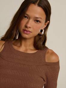 Nöista Cold-Shoulder Ribbed Knit Top With A Slim Fit. Soft, Stretchy, And Flattering-Perfect For Elegant Summer/Spring Break, Holiday Parties, Or Birthday For Elegant Gatherings. - Coffee Brown - View 2