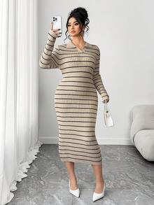 Elenzga 女士秋冬新款单件 Polo 领修身中长款经典条纹时尚设计优雅高端针织长袖毛衣连衣裙 - 彩色 - 查看 5