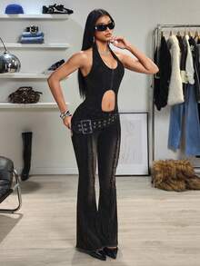 Jeanoix Y2K 时尚复古水洗毛边性感修身喇叭牛仔连体裤 - 黑色 - 查看 6