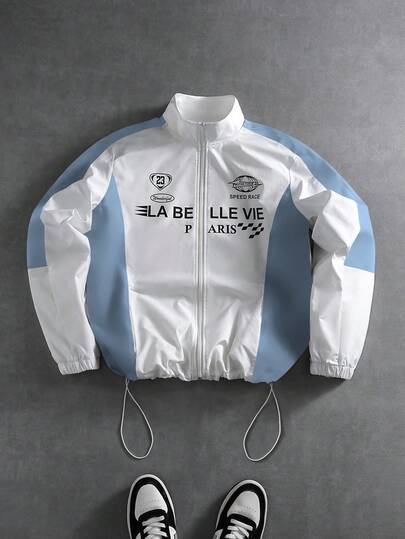 PAVTROS Men's Contrast Color Collar Letter Print Zip Front Casual Commuter Jacket Graphic Jackets Zip Up Race Jacket Men S Street Wear Zip Up Streetwear Jacket Men S Windbreaker Jacket