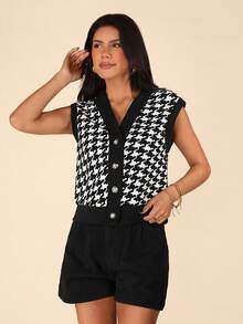 Coeurva 春季千鸟格印花背心外套（不含衬衫） - 黑與白 - 查看 4