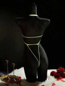 SpicyHot Bộ đồ liền thân lưới co giãn cao cấp màu xanh neon Y2K gợi cảm dành cho nữ - Màu vàng - Xem 2