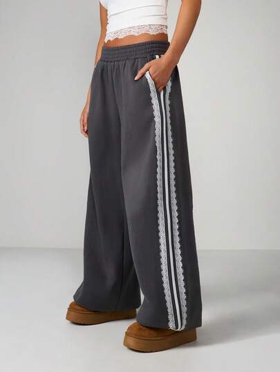 MISSGUIDED Wide Leg Brushback Joggers With White Lace Trim Side Detail Elastic Waistband Comfort Lounge Pants