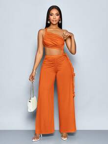 SOLERSUN 女士夏季性感纯色不对称领口褶皱修身镂空连体裤 - 橘色 - 查看 5