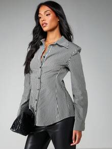 MISSGUIDED Blusa ajustada de manga larga con cuello en V y lazo en la espalda en color rosa claro, para uso casual en la oficina o trabajo, de moda para otoño, invierno y primavera