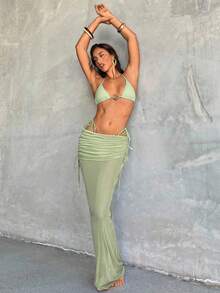 Aloruh Bộ bikini 3 mảnh dành cho nữ, gợi cảm, thanh lịch, lãng mạn, màu xanh ô liu với họa tiết kim loại, áo hở vai cúp tam giác mini, quần lọt khe mini và khăn choàng dài, bộ bikini đi nghỉ dưỡng/bãi biển dành cho nữ - Màu xanh Ô liu - Xem 2