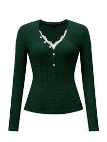 Vionelle 大码女式休闲针织V领蕾丝拼接纽扣装饰长袖秋冬上衣 - 墨綠色 - 查看 7