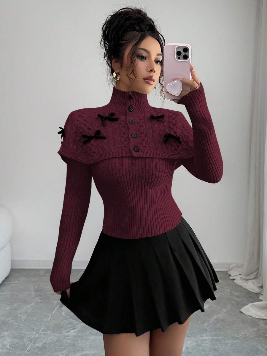 Elenzga Autumn/Winter Fashion Mock Neck Bowknot Decor Cape Sweater - Burgundy - View 1