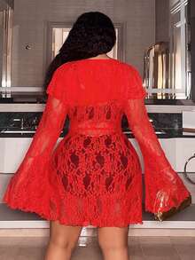 Slaydiva 秋冬新款优雅派对性感聚会生日派对约会朋友聚会毕业季婚礼季情人节性感修身纯红色连衣裙，荷叶边领口，深V领，长喇叭袖，A字裙摆，薄纱蕾丝面料，大码迷你连衣裙 - B - 紅色 - 查看 2