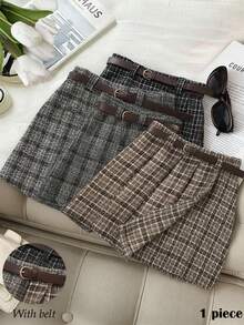 Franclia Women's Brown Plaid Pleated A-Line Mini Skirt With Belt,Elegant Autumn Preppy Style,Back-To-School Office Wear,Versatile Casual Business Attire - Brown - View 5