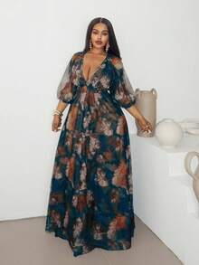 Maweii 大码优雅修身网纱印花连衣裙，夏季 - 彩色 - 查看 5