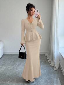 Elenzga Elegant & Chic French Style Deep Brown Textured Fabric, Fitted V-Neck With Metal Buckle Decor, Flared Sleeve & A-Line Hem Top With Bodycon Fish Tail Hem Skirt 2-Piece Set For Women - Light Yellow - View 6