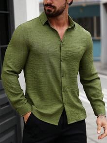 Manfinity Homme 男士休閒辦公純色長袖襯衫，正式款 - 軍綠色 - 查看 5