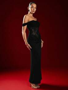 Hauture Elegant Sexy Elastic Lace Patchwork Fitted Maxi Dress – Halloween, Night Out, Party - Black - View 4