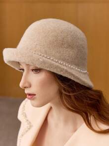MOTF PREMIUM ELEGANTE SOMBRERO BALDE CON DECORACIÓN DE PERLAS FALSAS - Arroz albaricoque - Ver 4