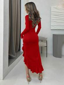 Jemour Women Dresses Asimetris Ruched Split Thigh Plain Anggun - Merah - View 2