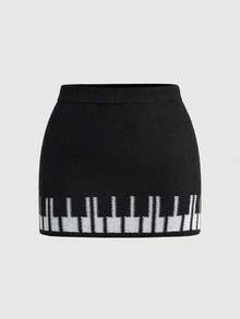 ROMWE Grunge Punk Plus Size Vintage Y2K Piano Keyboard Print Bodycon Knit Mini Skirt - Black - View 1