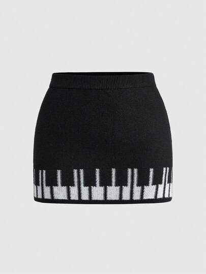 Grunge Punk Minifalda de punto ajustada con estampado de teclado de piano vintage Y2K de talla grande