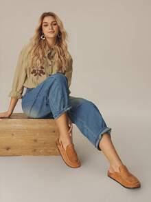 Styleloop 女士平底一脚蹬鞋，波西米亚风格，复古美式，波西米亚风，西部风，音乐节，派对装 - 棕色 - 查看 2